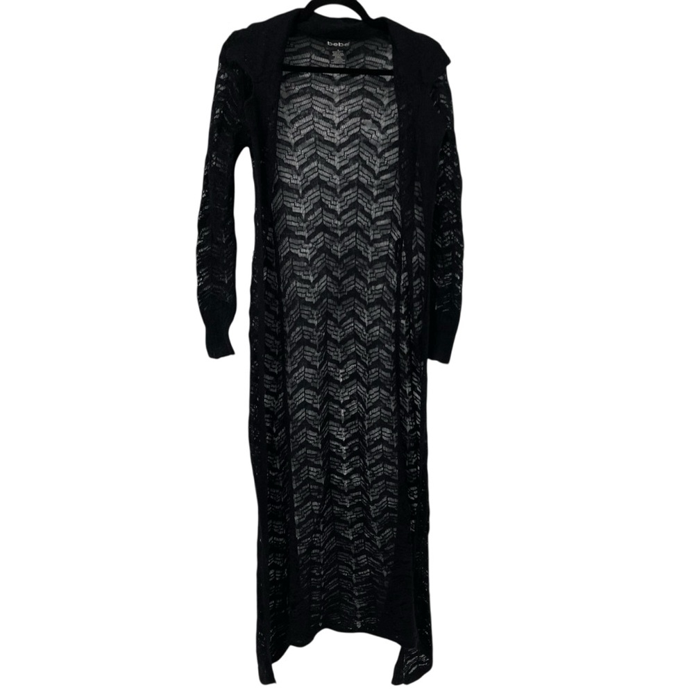 BEBE  Black Long Cardigan Duster Sweater Open Knit Chevron Mohair  Whimsigoth
